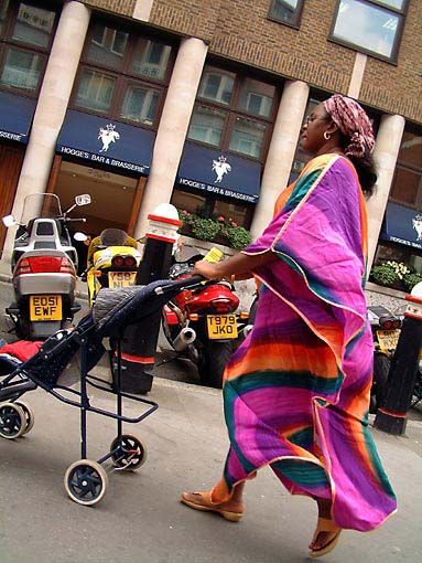 Bright coloured clothing. Buggy